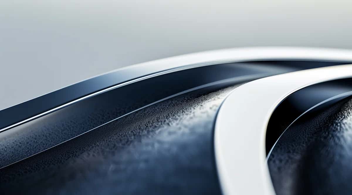 Curved chrome-white and dark navy 3D ribbons flowing over pale grey