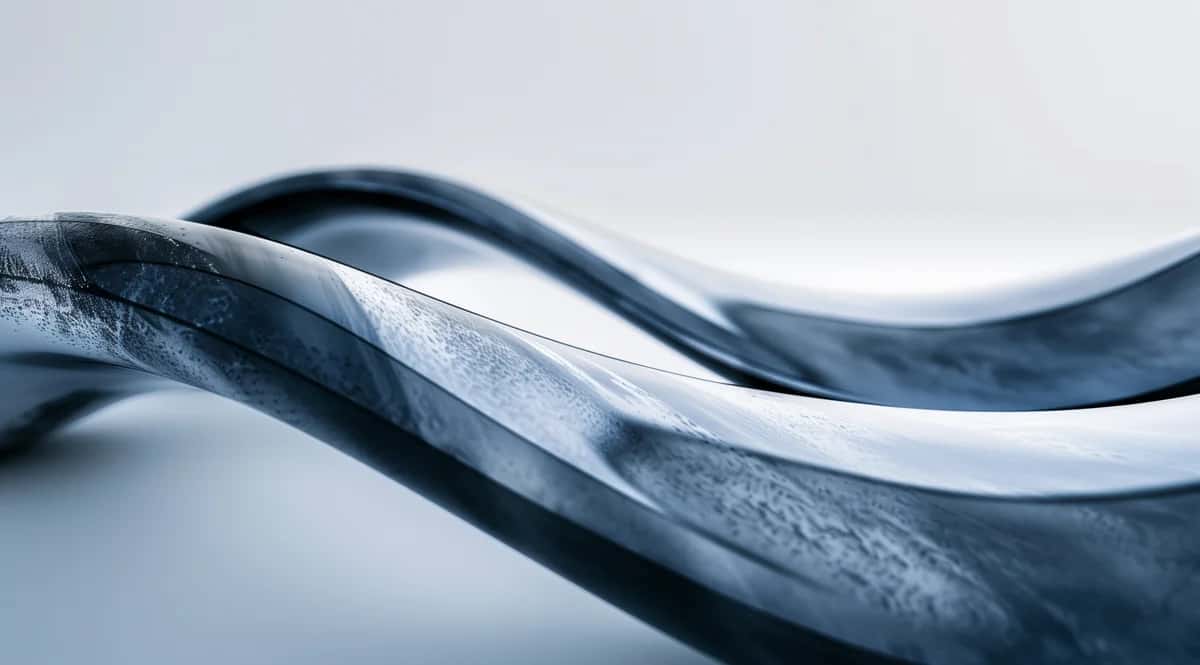 Abstract flowing ribbons in grayscale, curved organic forms with metallic highlights and soft blur