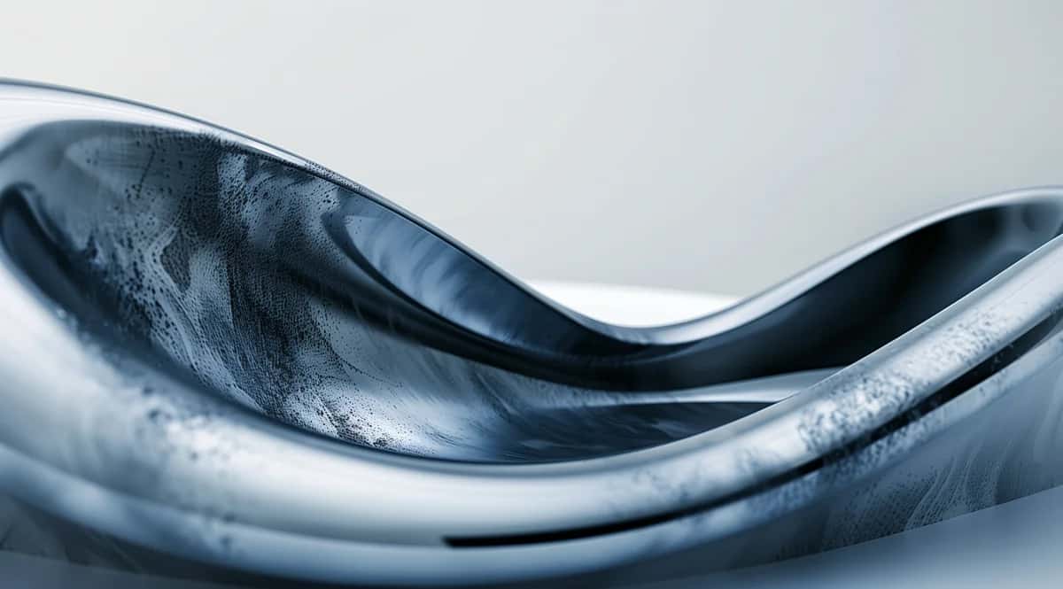 Fluid metallic wave formation, silver and dark blue tones, smooth flowing curves