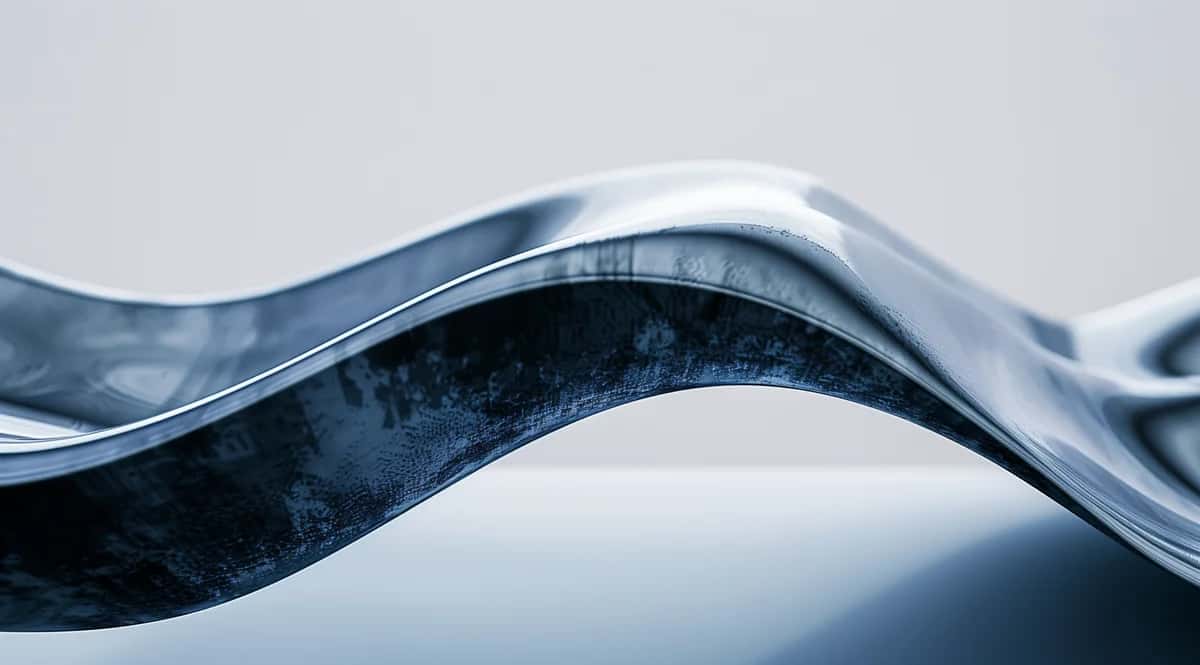 Abstract blue wavy glass form with glossy reflective surface and soft gradient lighting