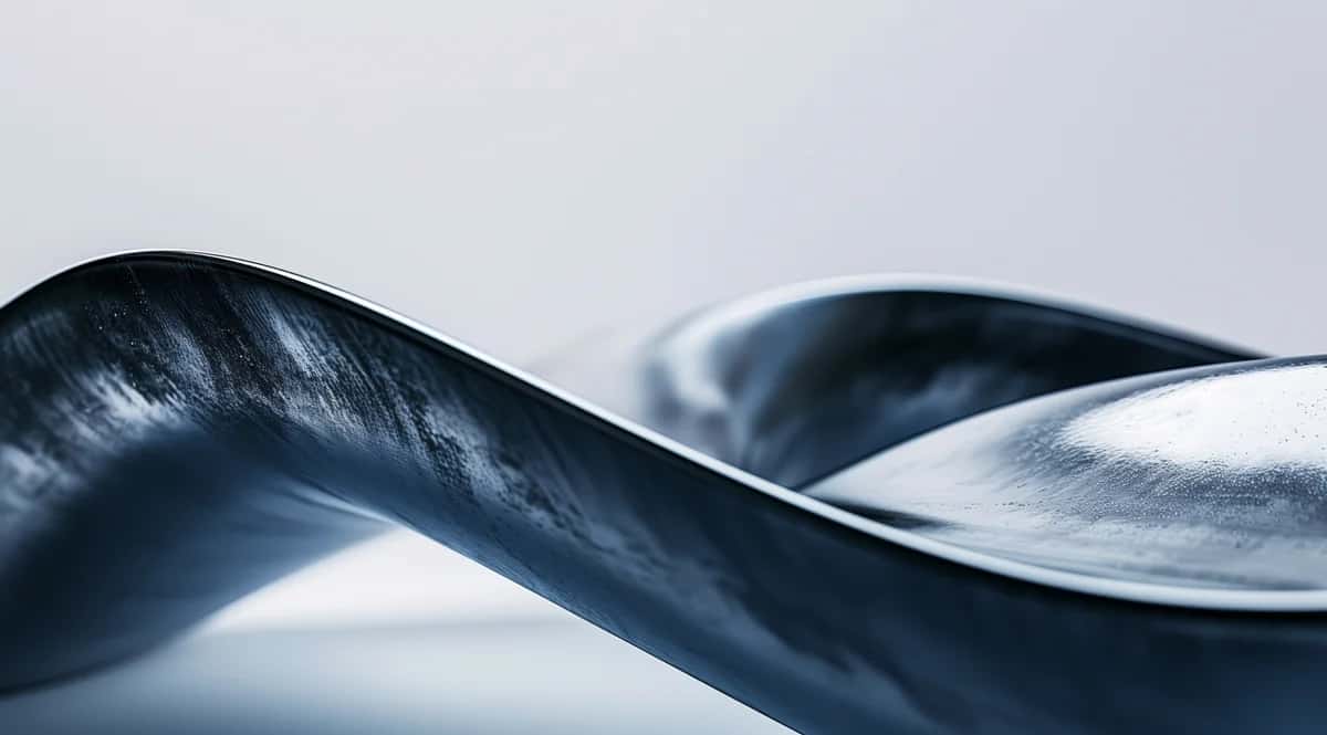 Glossy twisted steel-blue 3D ribbon curving across a pale grey backdrop