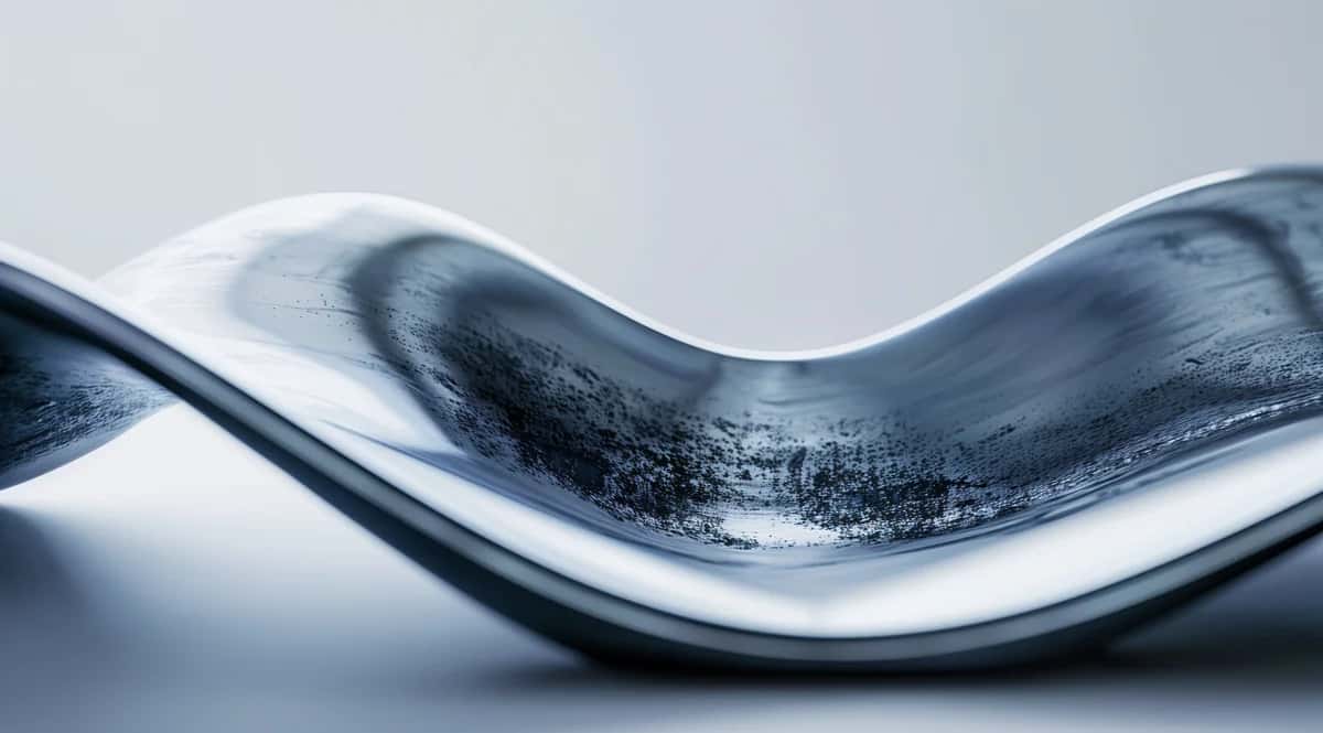 Abstract wavy glass form with dark blue swirl and white highlights, minimalist composition