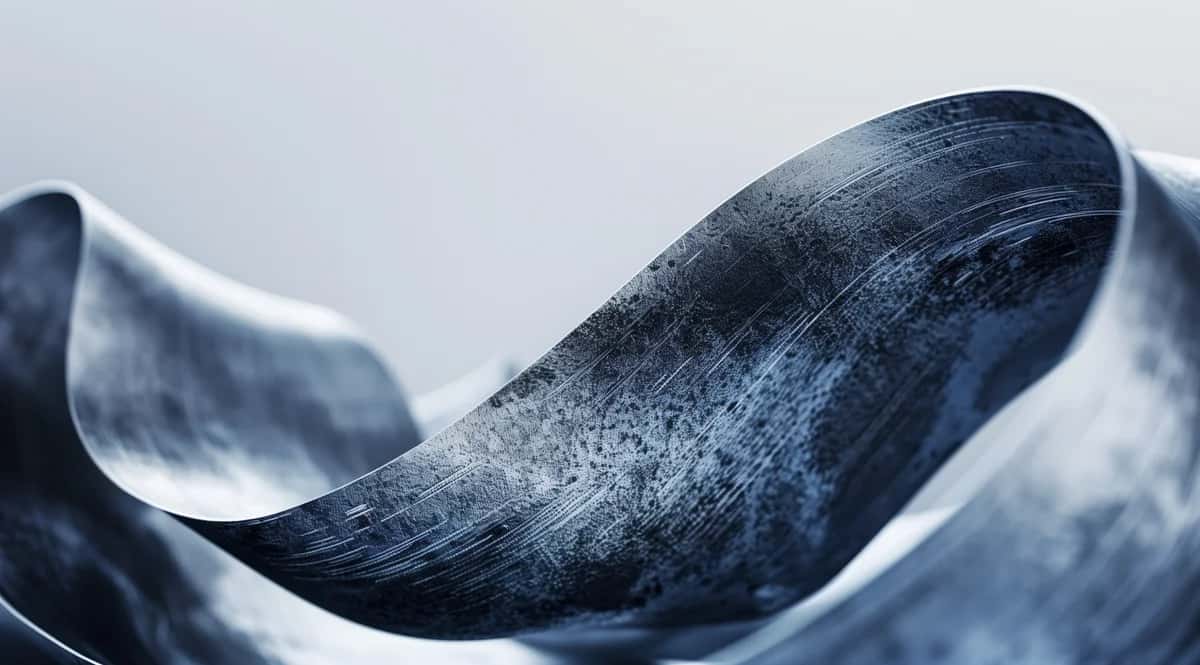 Undulating slate-blue 3D drapes with weathered grainy texture on grey