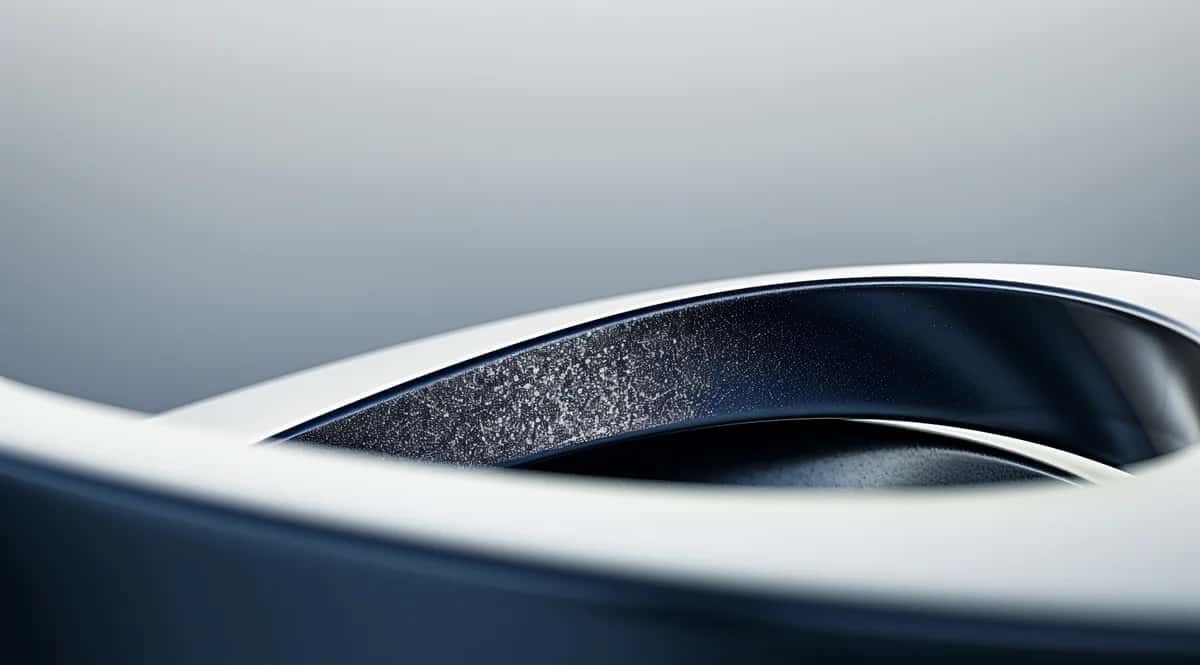 Sleek white-edged 3D curve revealing a dark speckled navy interior
