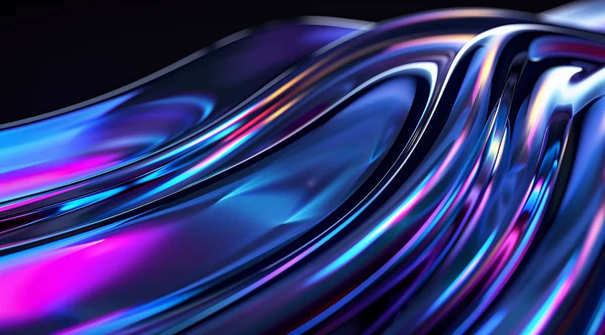 Abstract liquid waves flowing with neon blue, magenta, and purple metallic ribbons against dark background