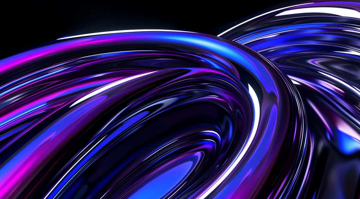 Abstract flowing ribbons in vibrant blue and purple neon curves against black background