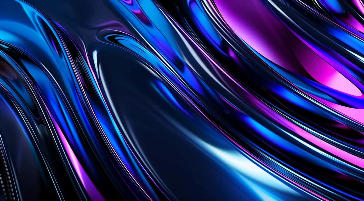 Abstract flowing ribbons in electric blue and purple with glossy metallic streaks on dark background
