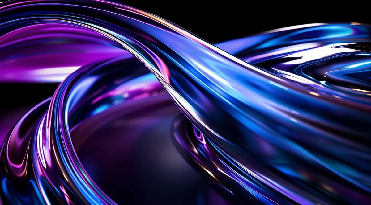 Abstract flowing ribbons in purple and blue neon light against dark background
