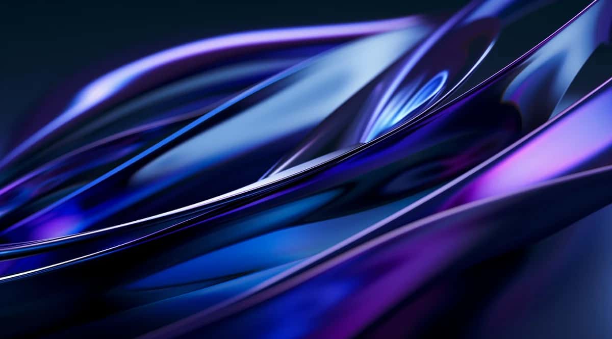Abstract flowing ribbons in blue and purple with glossy metallic texture and motion blur effect