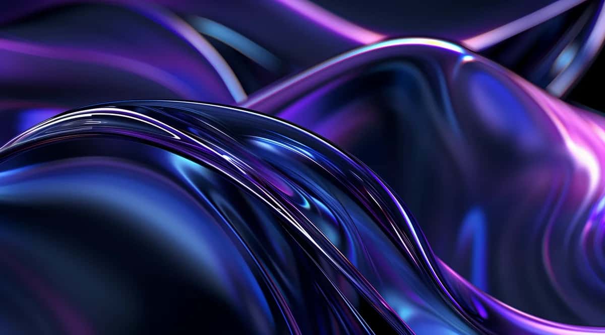 Abstract flowing glass waves in deep blue and purple with glossy reflective surfaces and smooth curves