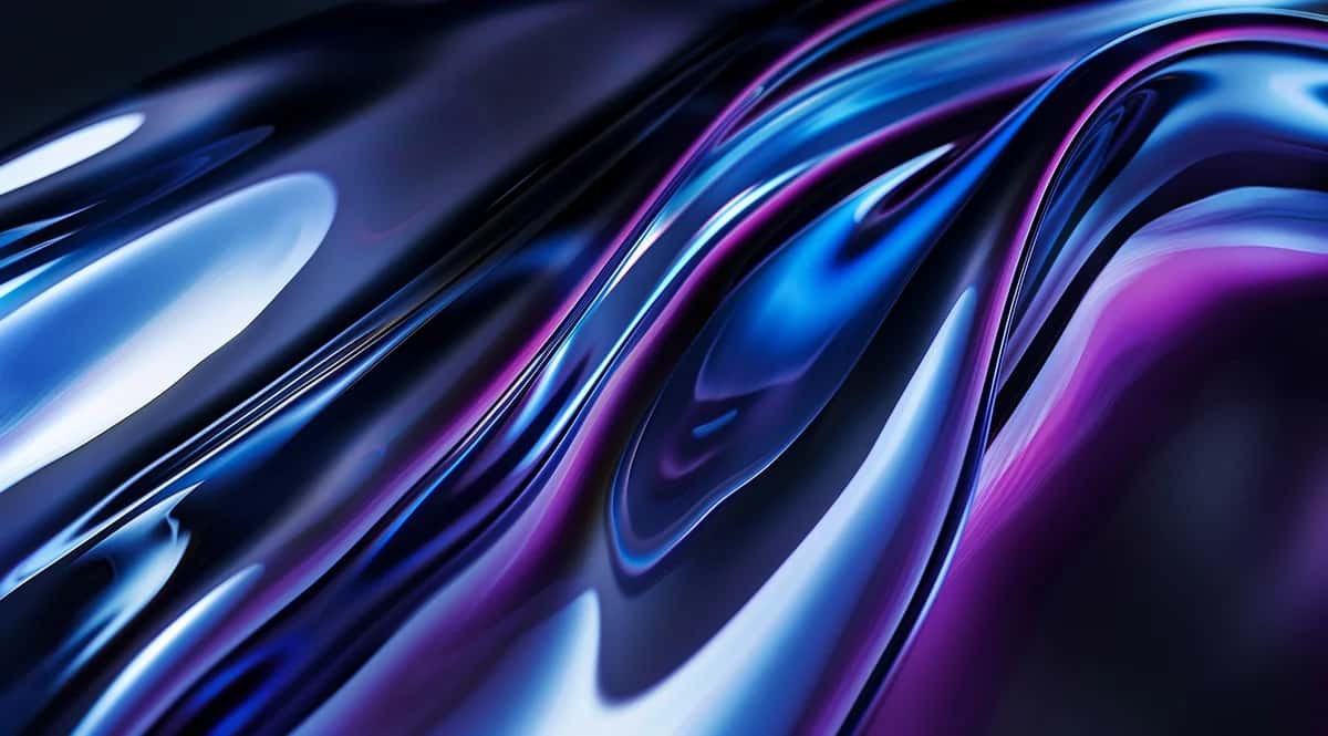 Abstract fluid waves in deep blue, purple, and magenta with glossy reflective surfaces and smooth curves