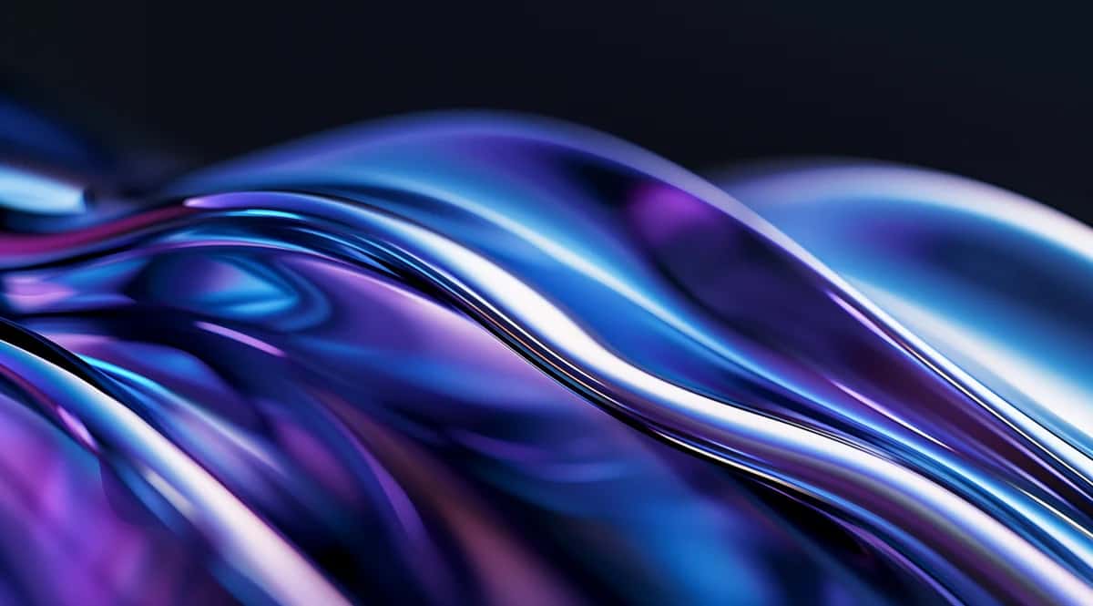 Glossy iridescent liquid waves in electric blue, violet and magenta on black