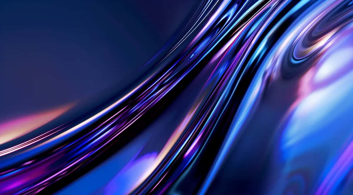 Abstract flowing curves in blue, purple, and pink with glossy metallic reflections