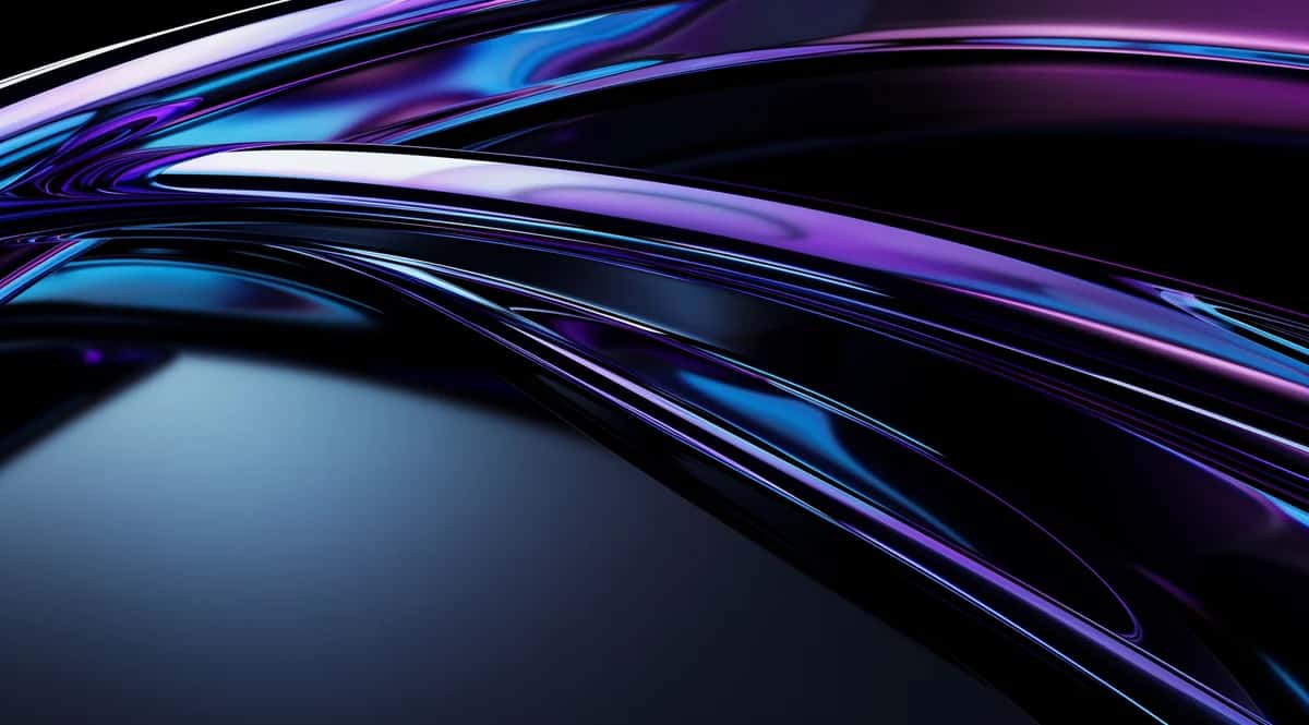 Abstract flowing curves in blue and purple neon colors against dark background