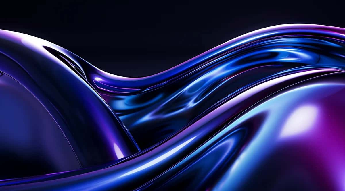 Abstract flowing waves of blue and purple light with glossy metallic texture on dark background