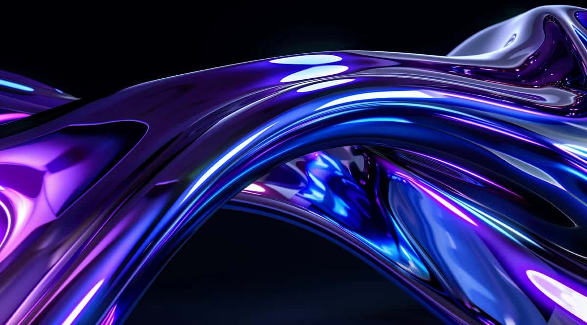 Abstract flowing ribbons in blue and purple with glossy reflective surfaces on black background