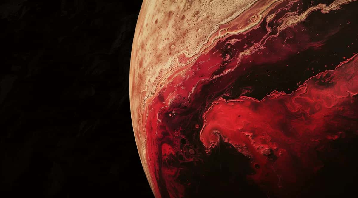 Close-up planetary surface with tan-brown upper hemisphere and deep crimson-red lower region, cosmic black background