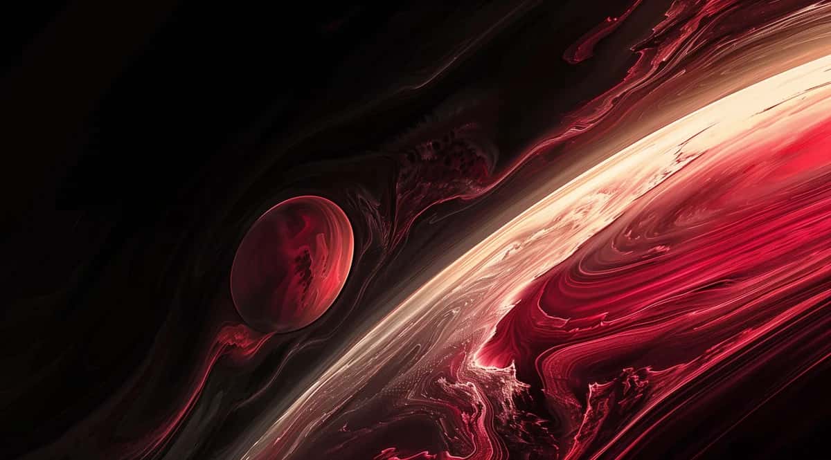 Abstract fluid red and black swirling waves with glowing light streaks, dynamic composition