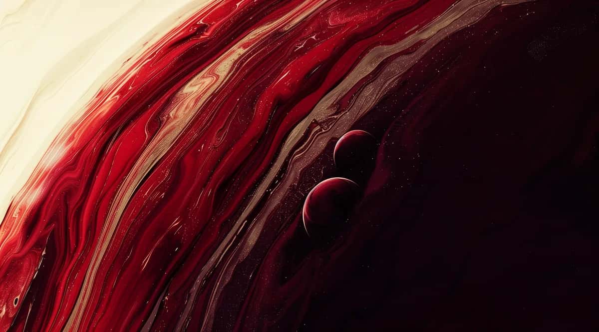 Abstract swirling red and black gradient waves with curved layered texture and spherical element