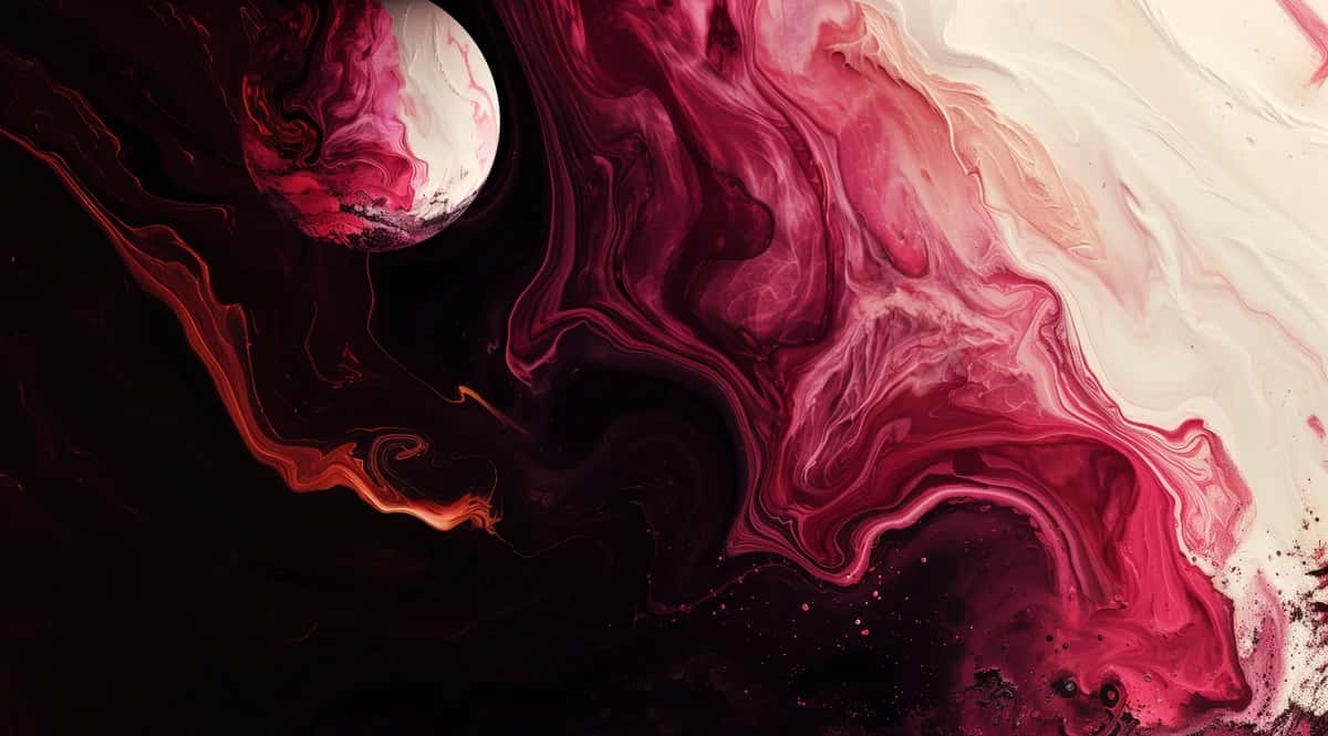 Abstract fluid ink swirl with deep magenta, pink, and black marbling, ethereal moon shape upper left