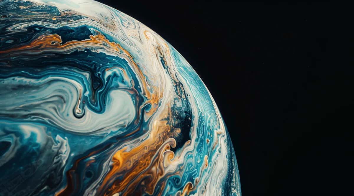 Earth's curved atmosphere with swirling blue and golden cloud formations against black space