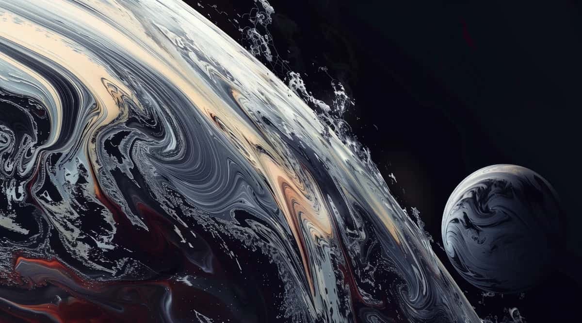 Abstract swirling planetary surface with cream and dark gray clouds, small moon visible in black space