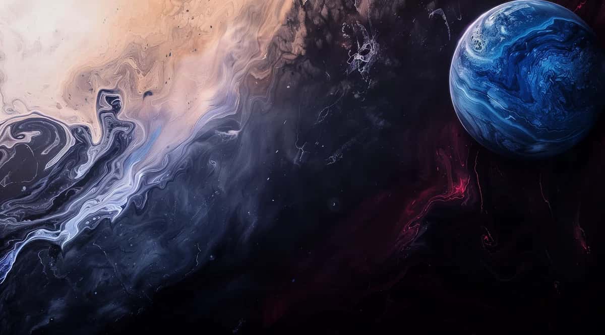 Abstract cosmic scene with swirling nebula clouds, blue planet, dark space background
