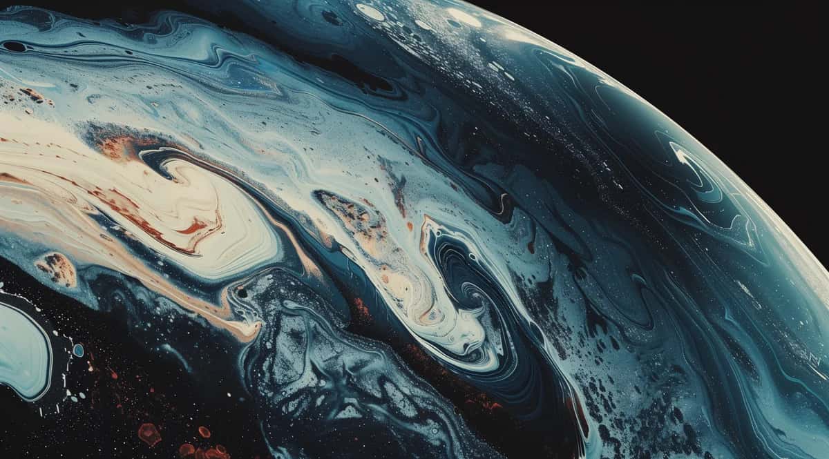 Earth from space with swirling white cloud formations and blue oceans against black void