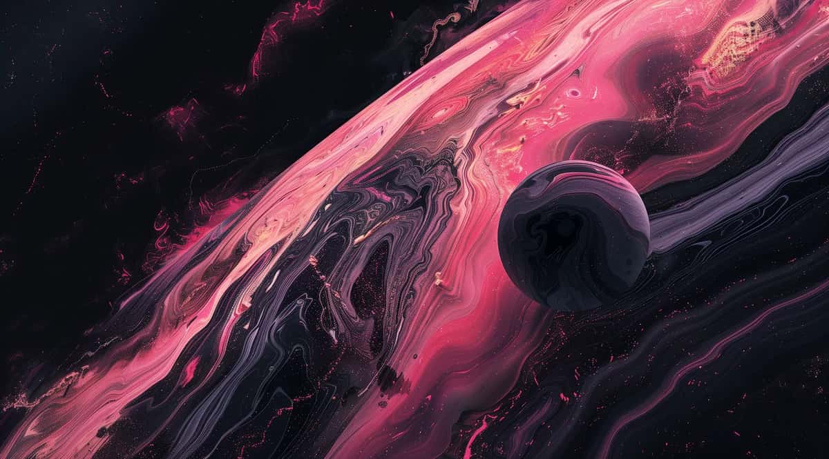 Abstract fluid art with swirling pink and dark purple liquid waves and floating spheres