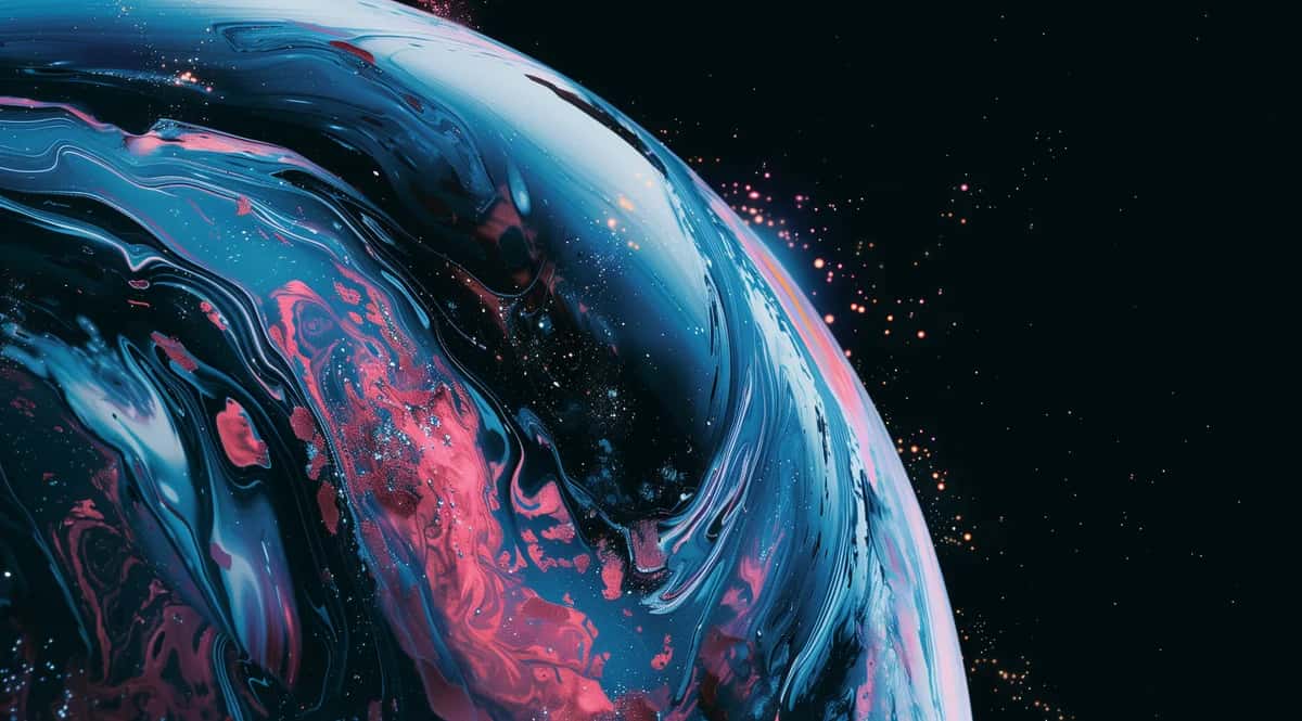 Abstract liquid sphere with blue and pink swirling patterns against black background