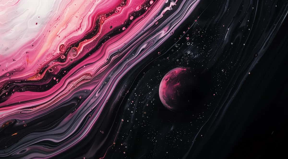 Abstract liquid swirl with vibrant pink, purple, and black gradients, cosmic planet and stars