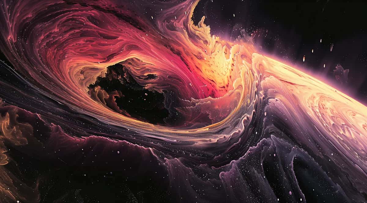 Abstract cosmic swirl with fiery pink, orange, and gold nebula clouds against black space
