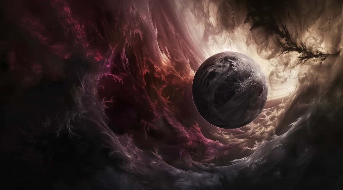 Dark planet surrounded by swirling purple and gold cosmic nebula clouds in space