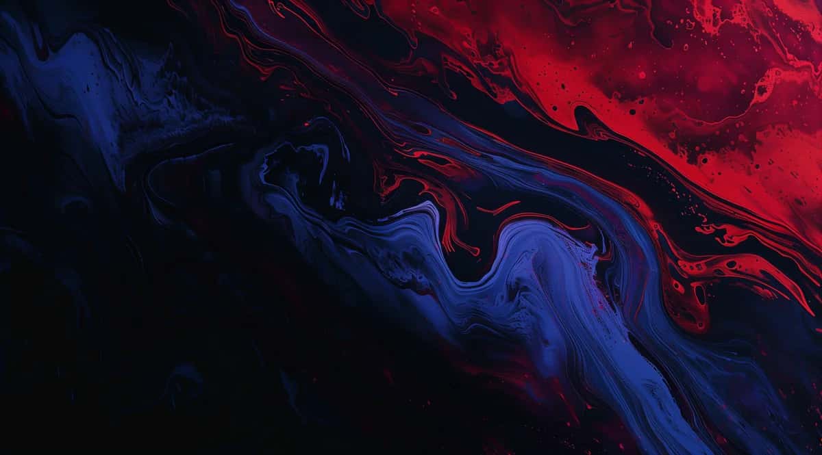 Abstract fluid art with swirling red and blue waves on dark background