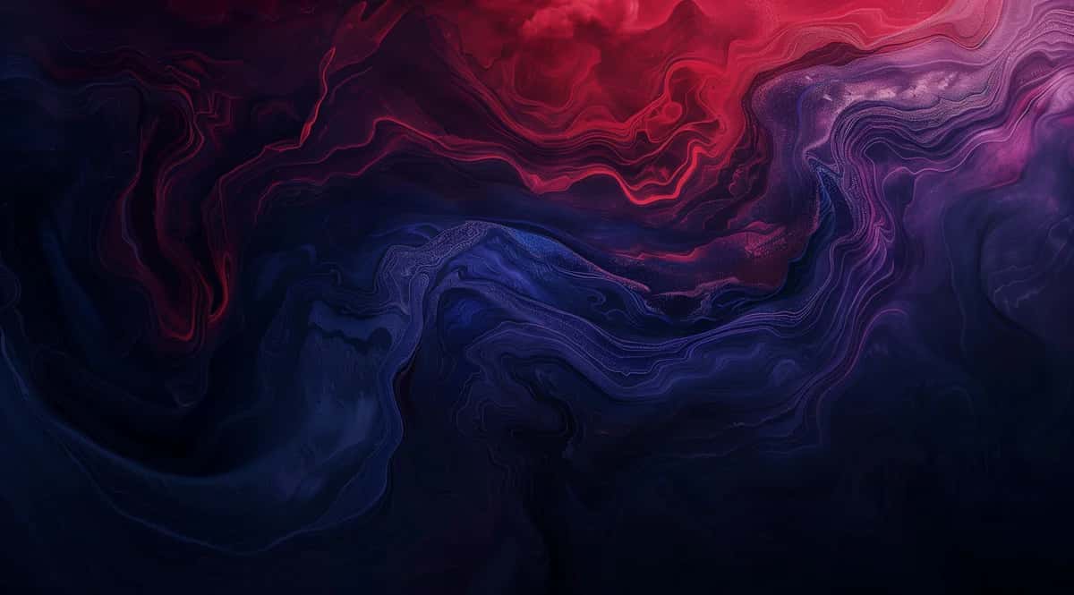 Abstract fluid swirls in deep blue and crimson red on dark background, flowing organic shapes