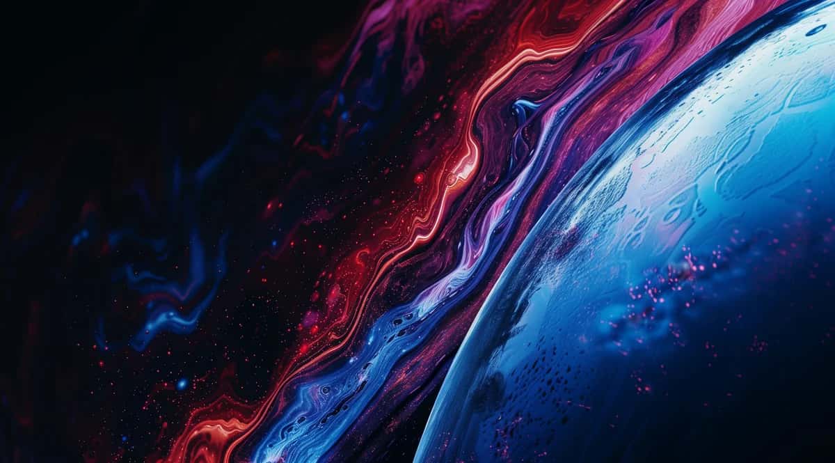Crimson and electric-blue liquid marbled stream flowing past a blue planet in starry space