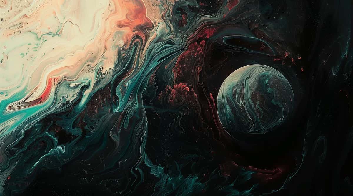 Abstract fluid art with swirling teal, coral, and black paint creating cosmic sphere design