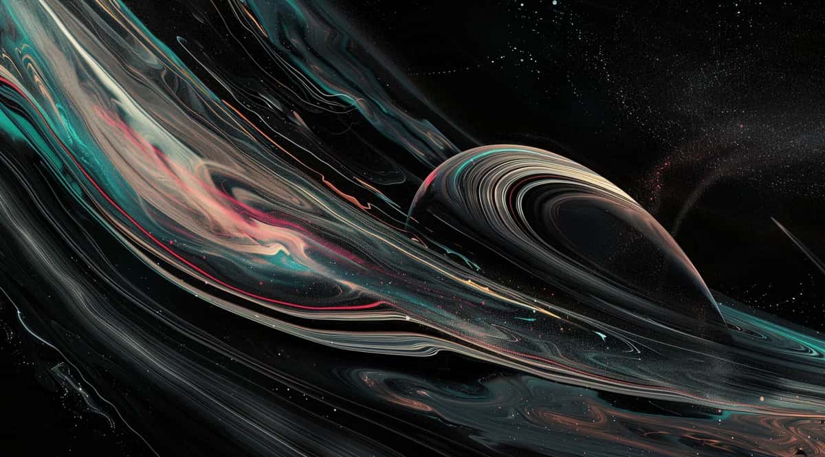Abstract flowing waves with teal, pink, and black swirling patterns against dark starry background