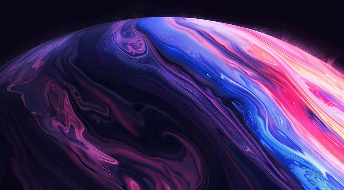 Abstract spherical form with swirling purple, pink, and blue gradient layers and neon glow