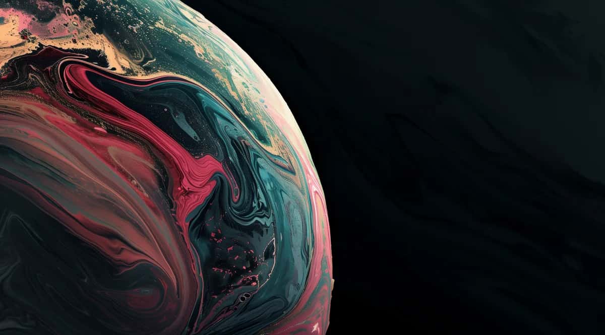 Abstract swirling marble texture with deep teal, magenta, and rose gold flowing patterns on dark background
