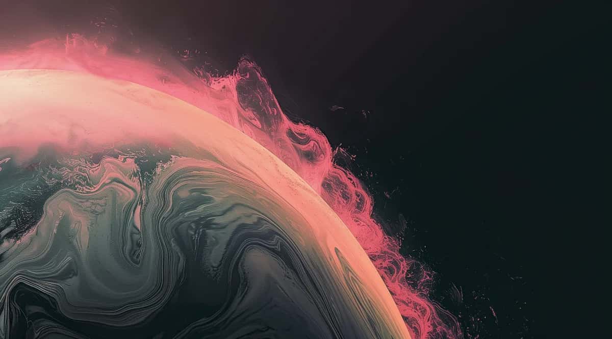 Abstract fluid marble texture with pink glowing edge and dark swirling patterns, digital art
