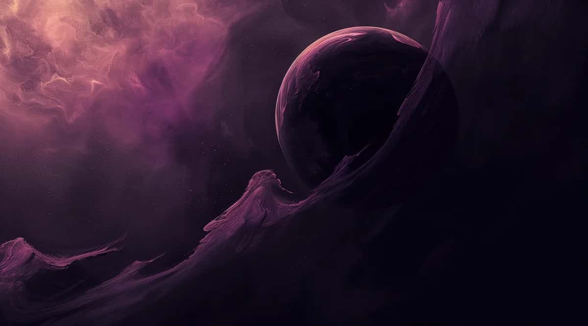 Abstract cosmic scene with purple nebula, swirling gas clouds, and dark spherical celestial body