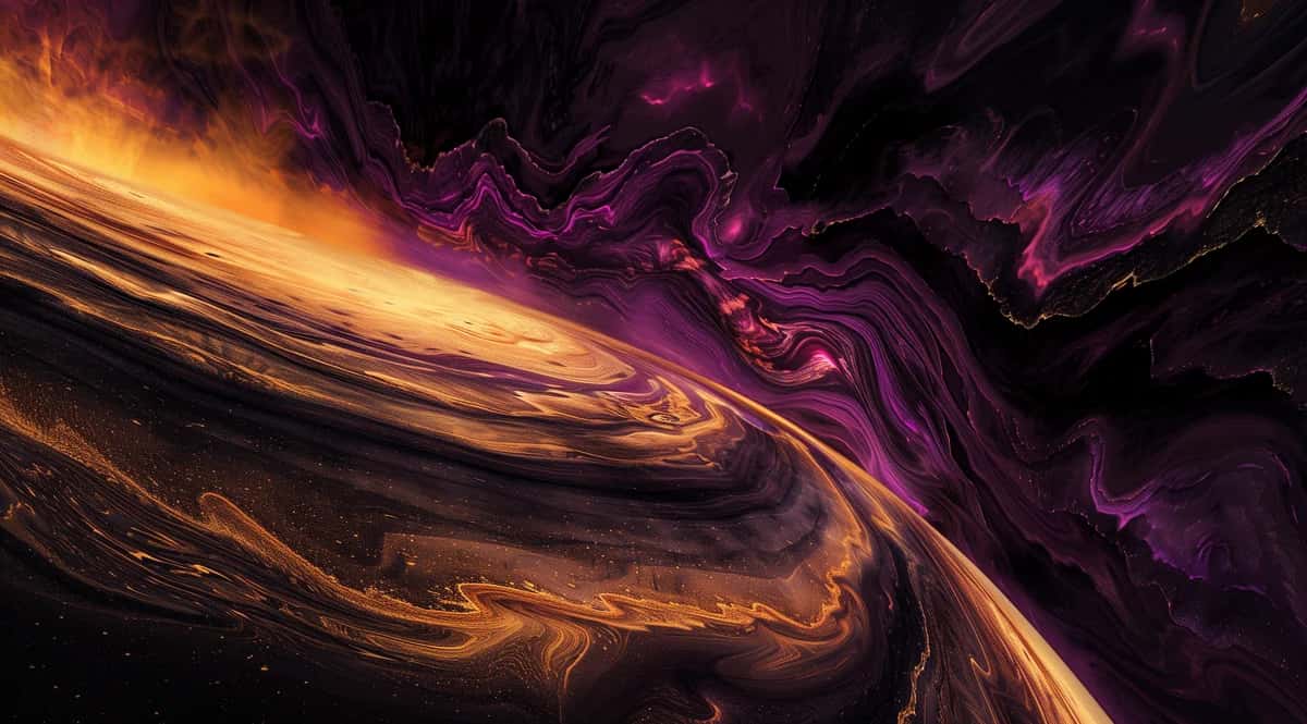 Abstract liquid swirl with gold, orange, and magenta flowing patterns on dark background