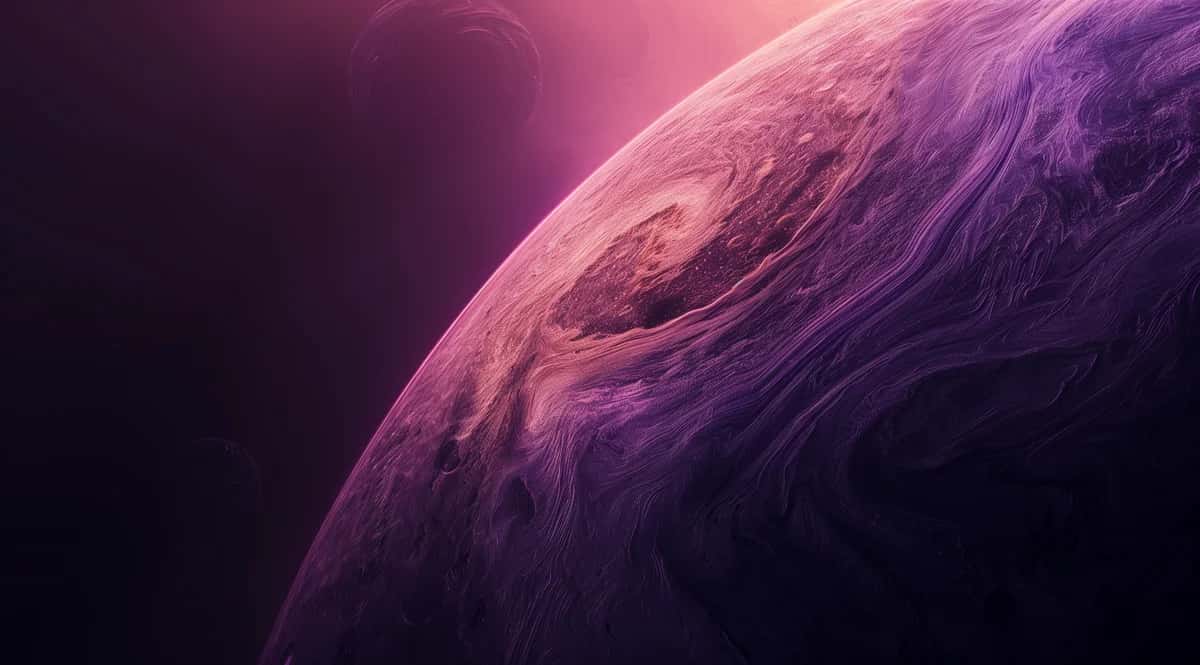 Purple and pink gas giant with swirling atmospheric storms and glowing light effects