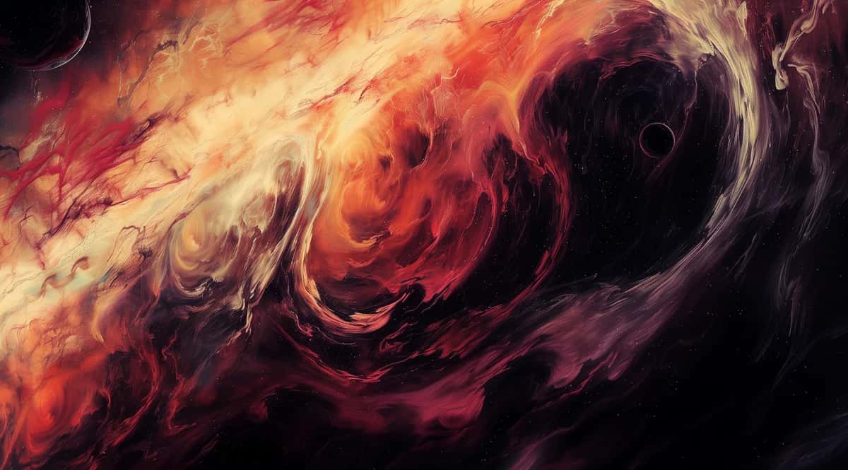 Abstract swirling vortex with fiery orange, red, and deep purple tones creating dramatic cosmic motion