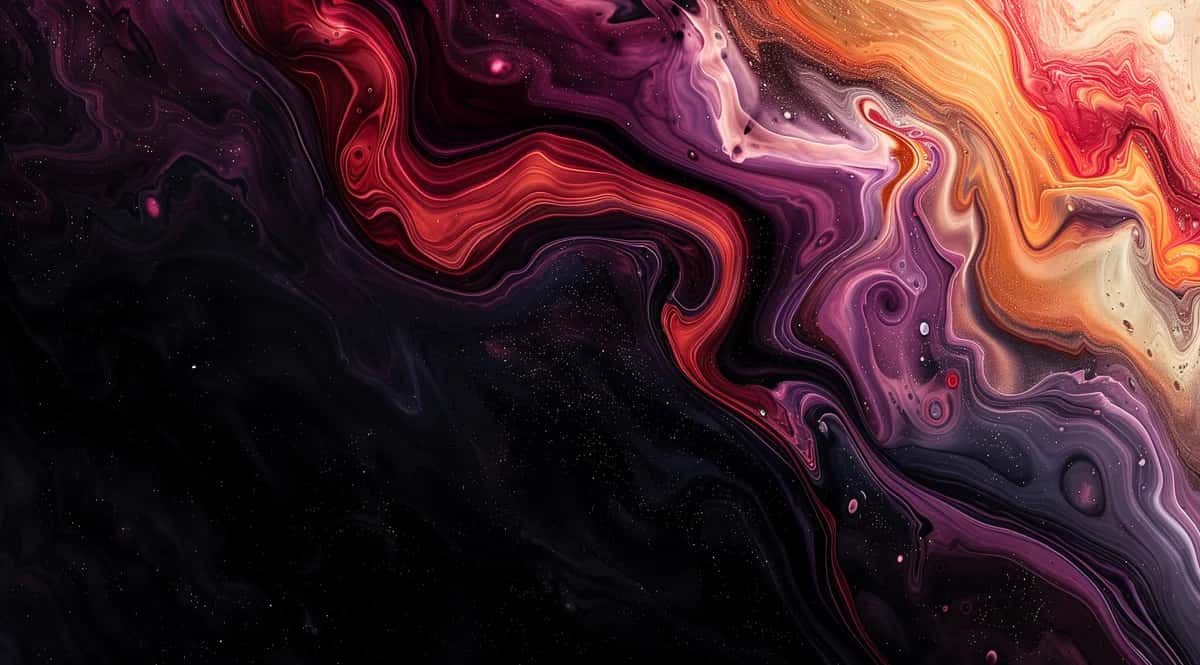 Abstract liquid swirl wallpaper, red purple orange gradient, dark background with flowing organic forms