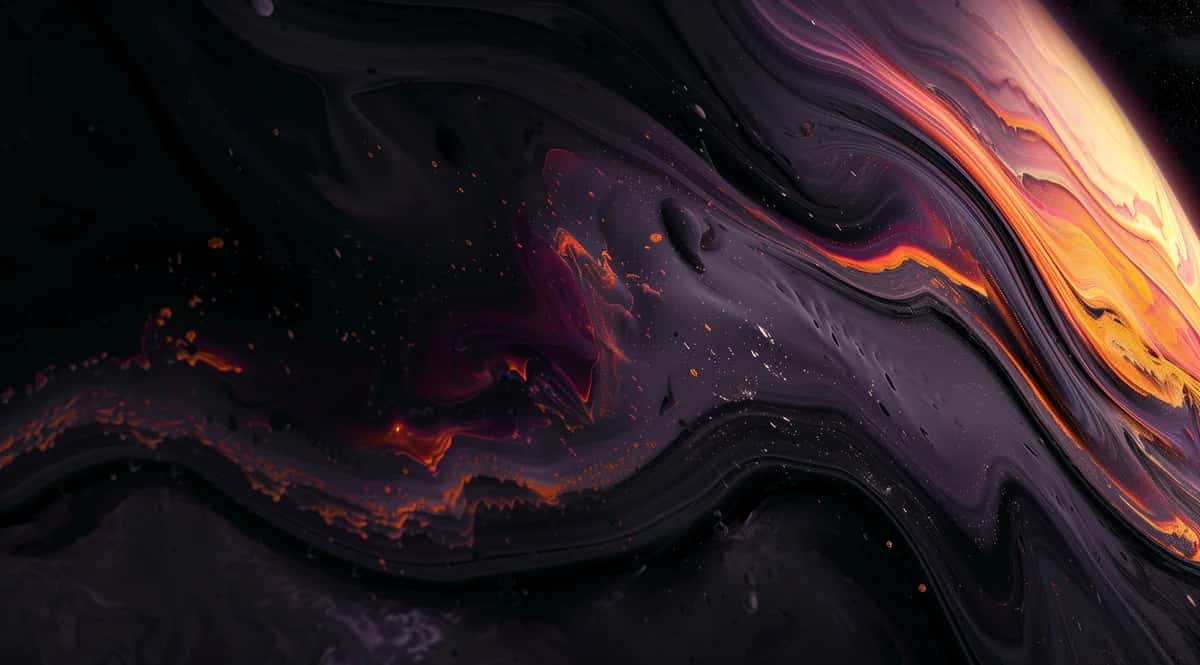 Abstract liquid marble swirl, deep black purple orange gold, flowing organic waves