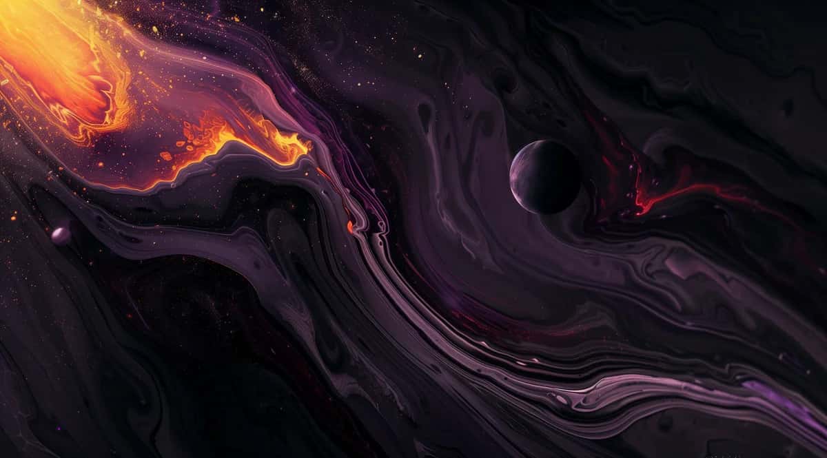 Abstract liquid marble swirl with glowing orange and deep purple tones on black background