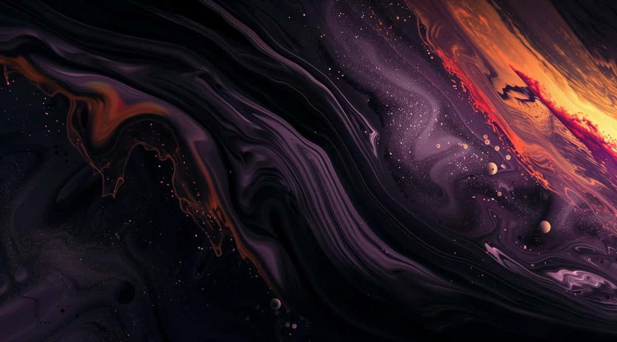 Abstract fluid swirl with deep purple, orange, and gold tones on dark background