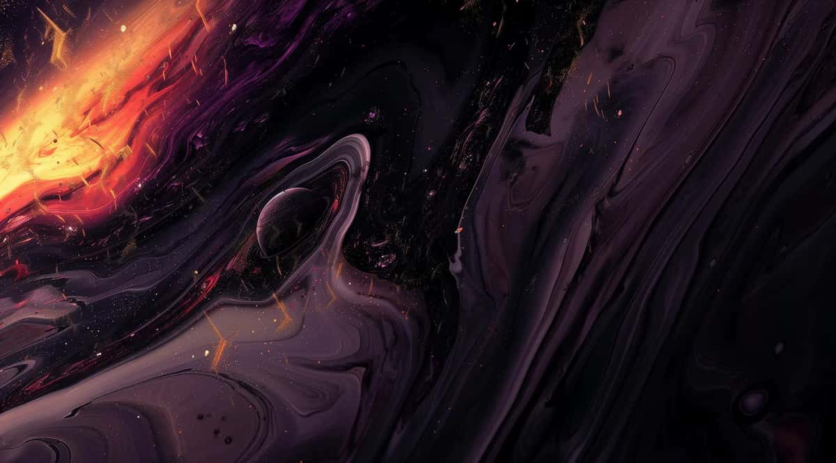 Abstract swirling lava and cosmic energy with orange flames and deep purple shadows
